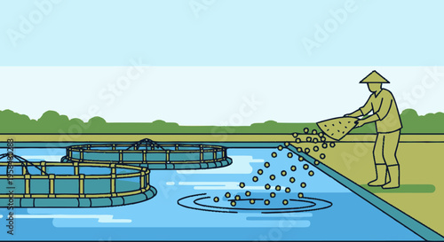 Farmer feeding fish in aquaculture pond with nets.