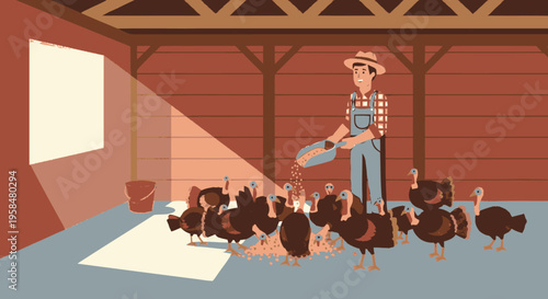 Farmer feeding flock of young turkeys inside barn.