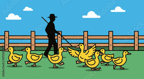 Farmer Herding Ducklings Across Green Field.