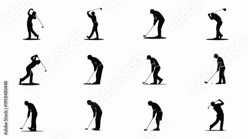 Silhouettes of golfers performing various poses and swings in minimalist black and white vector style illustrating the sport