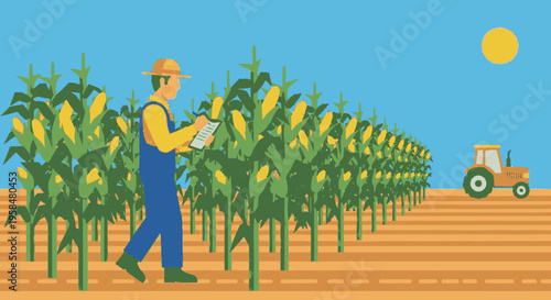Farmer inspecting corn crop in field with tractor.