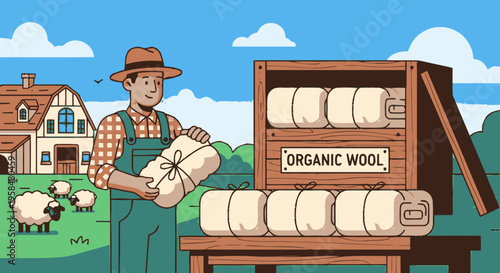 Farmer holding organic wool bales on farm.