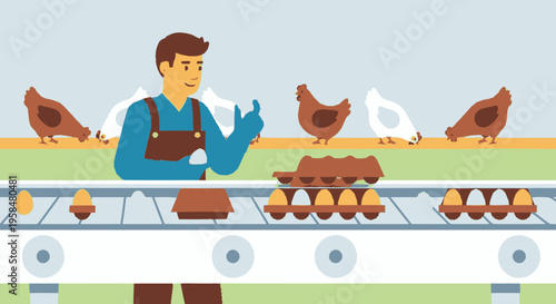 Farmer inspecting eggs on a conveyor belt at a farm.
