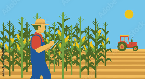 Farmer Inspecting Cornfield with Tablet and Tractor in Background.
