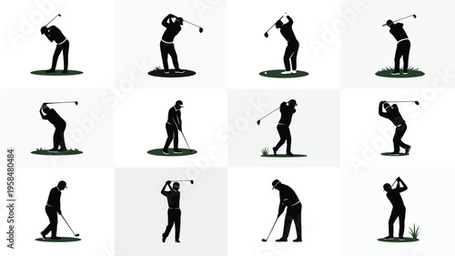 Silhouettes of golfers performing various swings and stances on a minimalist green background dynamic poses sporting activity athletic motion