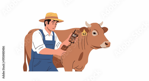 Farmer Inspecting Cow with Electronic Device.