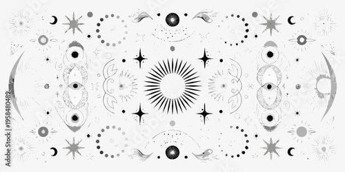 Intricate black and white celestial pattern with eyes and star motifs