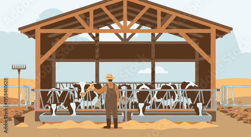 Farmer tending to cows in a barn.