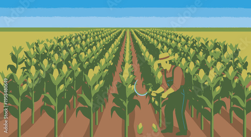Farmer tending to crops in a vast cornfield.