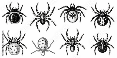 Vintage illustration of various spider species in black and white