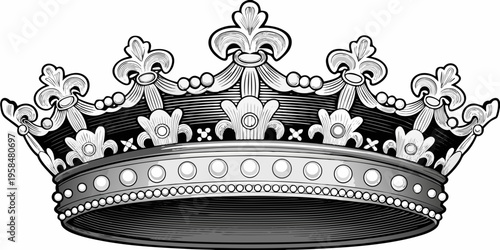 An ornate detailed silver crown with jeweled bands and fleur de lis