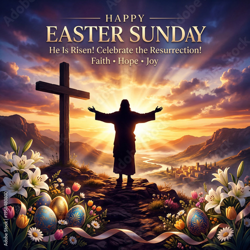 Easter sunday with jesus standing on a hill