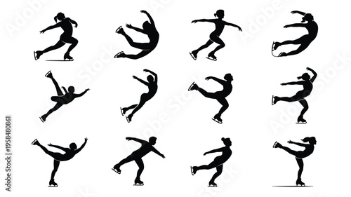Silhouettes of figure skaters performing dynamic jumps and spins in mid air showcasing athleticism and grace in a minimalist black and white design perfect for sports and fitness