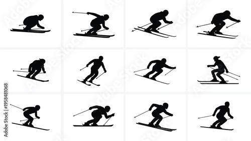 Dynamic silhouettes of skiers in motion showcasing various poses and skiing techniques on a clean white background minimalist design