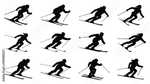Dynamic silhouettes of skiers performing various skiing techniques in motion captured stances showcasing winter sports action with sleek minimalistic black silhouettes