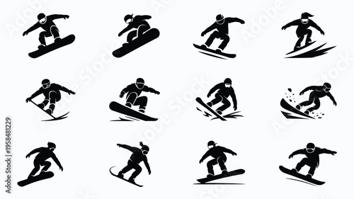 Silhouettes of snowboarders performing dynamic jumps tricks and stunts in mid air against a clean white background showcasing athleticism and winter sports