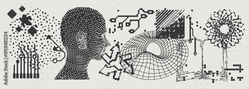 Abstract Vector Graphics Collection, Y2K Brutalist Style, Cyberpunk Glitch Elements, Pixelated Geometric Shapes.