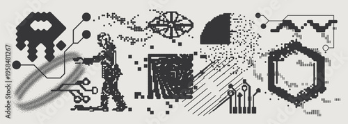Abstract Vector Graphics Collection, Y2K Brutalist Style, Cyberpunk Glitch Elements, Pixelated Geometric Shapes.