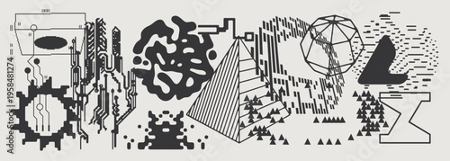 Abstract Vector Graphics Collection, Y2K Brutalist Style, Cyberpunk Glitch Elements, Pixelated Geometric Shapes.