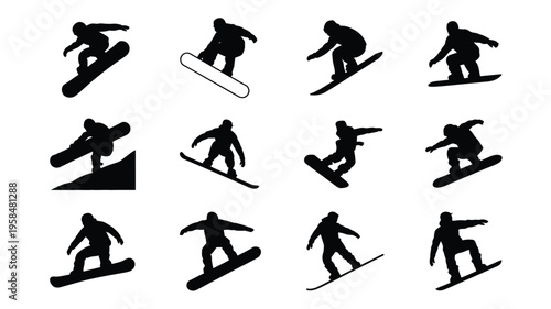 Dynamic silhouettes of snowboarders performing stunts and tricks in mid air showcasing various poses and movements with sleek minimalist black designs on white background