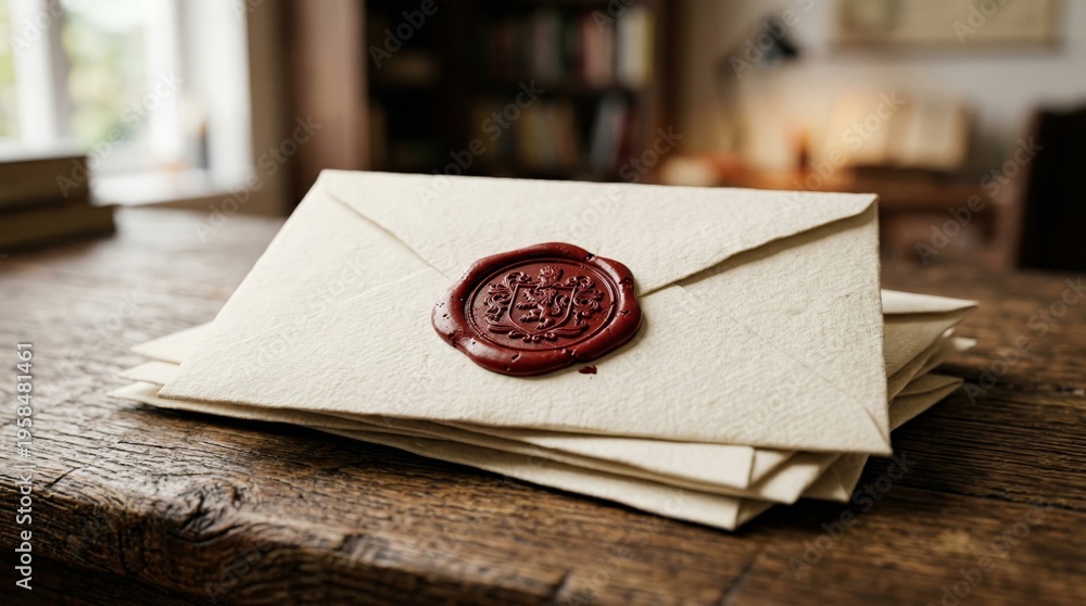 Obraz premium Stack of Envelopes with Red Wax Seals on Table