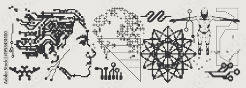 Abstract Vector Graphics Collection, Y2K Brutalist Style, Cyberpunk Glitch Elements, Pixelated Geometric Shapes.