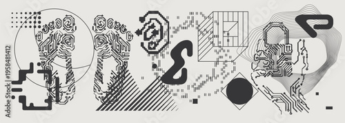 Abstract Vector Graphics Collection, Y2K Brutalist Style, Cyberpunk Glitch Elements, Pixelated Geometric Shapes.