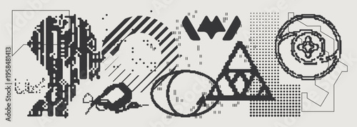 Abstract Vector Graphics Collection, Y2K Brutalist Style, Cyberpunk Glitch Elements, Pixelated Geometric Shapes.