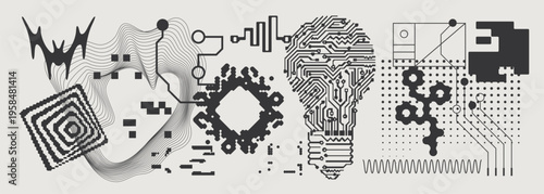 Abstract Vector Graphics Collection, Y2K Brutalist Style, Cyberpunk Glitch Elements, Pixelated Geometric Shapes.