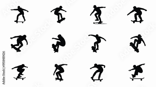 Black silhouettes of a skateboarder performing a variety of dynamic tricks and stunts in mid air isolated on a clean white background showcasing motion and energy in a minimalist