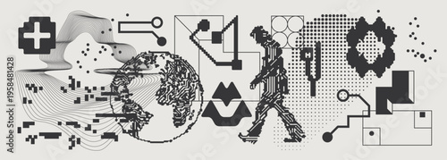 Abstract Vector Graphics Collection, Y2K Brutalist Style, Cyberpunk Glitch Elements, Pixelated Geometric Shapes.