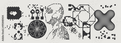 Abstract Vector Graphics Collection, Y2K Brutalist Style, Cyberpunk Glitch Elements, Pixelated Geometric Shapes.