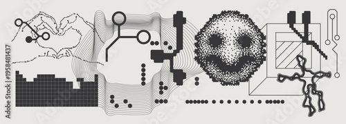 Abstract Vector Graphics Collection, Y2K Brutalist Style, Cyberpunk Glitch Elements, Pixelated Geometric Shapes.