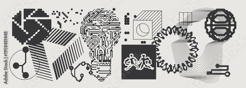 Abstract Vector Graphics Collection, Y2K Brutalist Style, Cyberpunk Glitch Elements, Pixelated Geometric Shapes.