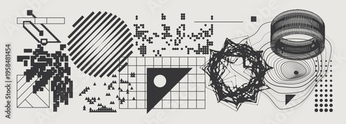 Abstract Vector Graphics Collection, Y2K Brutalist Style, Cyberpunk Glitch Elements, Pixelated Geometric Shapes.