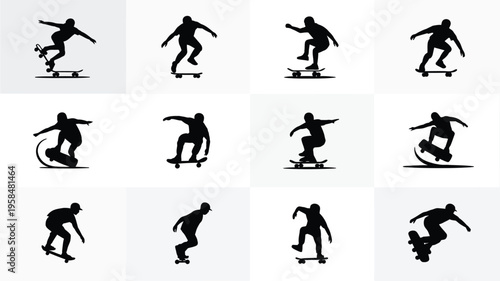 Dynamic silhouettes of a skateboarder performing various tricks and stunts in a minimalist grid layout showcasing motion and energy in a clean vector design style