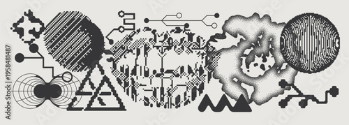Abstract Vector Graphics Collection, Y2K Brutalist Style, Cyberpunk Glitch Elements, Pixelated Geometric Shapes.