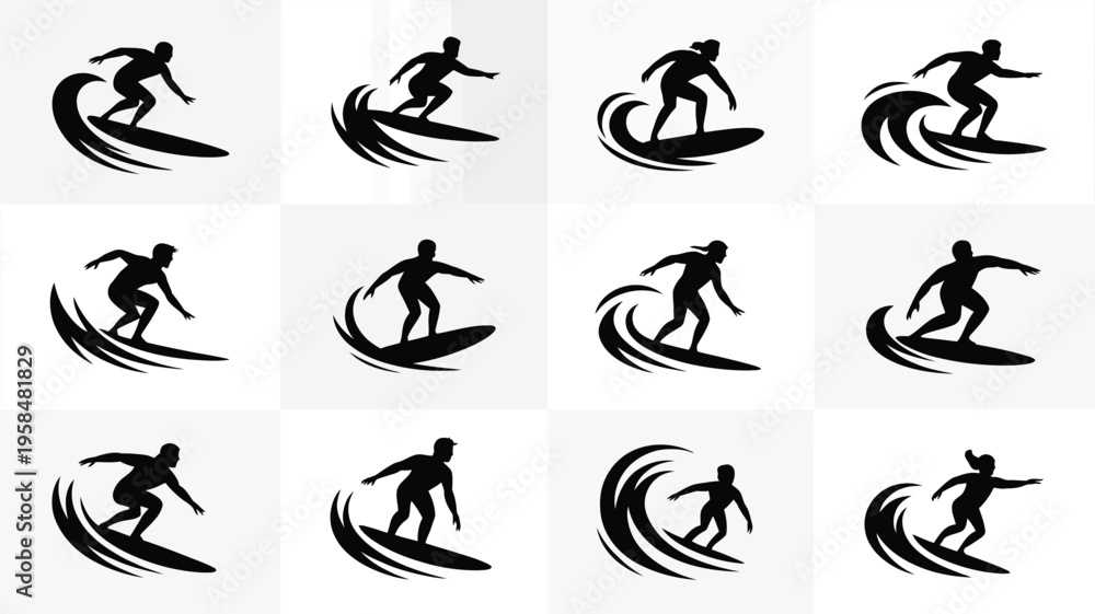 Naklejka premium Dynamic silhouettes of surfers riding waves in minimalist black and white style showcasing motion and energy in vector illustration format