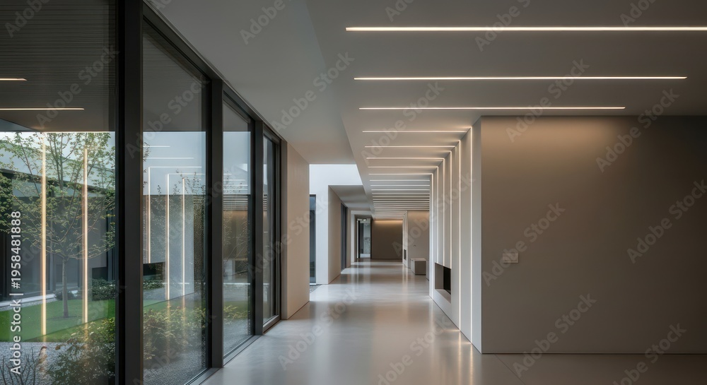 Fototapeta premium Bright Modern Hallway with Large Windows and Linear Lighting.