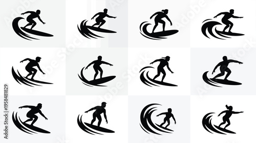 Dynamic silhouettes of surfers riding waves in minimalist black and white style showcasing motion and energy in vector illustration format