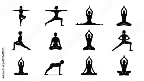 Silhouette illustration of people in various yoga poses for wellness fitness and meditation practice isolated on a minimalist white background
