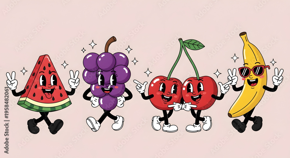 Fototapeta premium cartoon dancing fruits celebrating with happy faces and arms