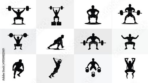 Silhouettes of athletes performing various weightlifting exercises including squats deadlifts and bench press in a minimalist black and white vector style showcasing strength