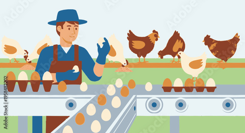 Farmer Inspecting Fresh Eggs on a Conveyor Belt at a Farm.