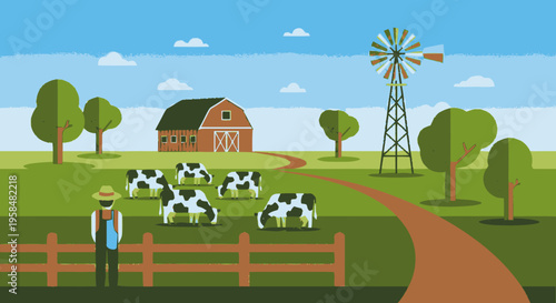 Farmer Standing in Field with Cows and Windmill.