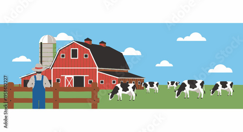 Farmer Standing By Red Barn With Cows Grazing.