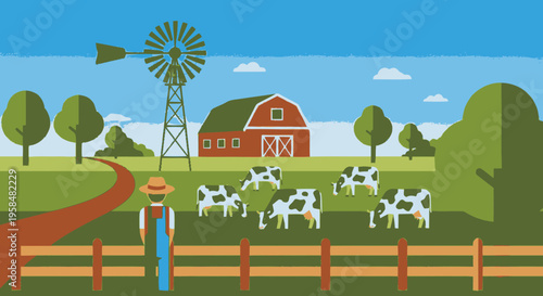 Farmer Standing in Field with Cows and Barn.
