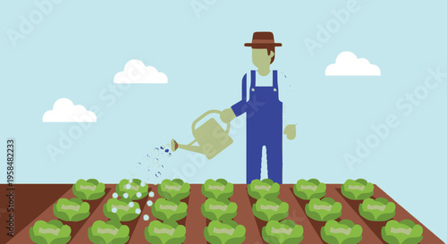Farmer watering plants in a garden on a sunny day.