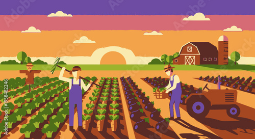 Farmers working in a field at sunset.