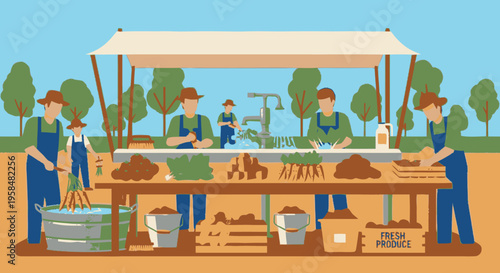 Farmers selling fresh produce at an outdoor market stall.